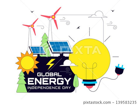 Global Energy Independence Day Vector Illustration Featuring Renewable Energy, Solar Panels, Wind Turbines and Sustainable Power Design Global Energy Independence Day Vector Illustration Featuring Renewable Energy, Solar Panels, Wind Turbines and Sustainable Power Design 139583235