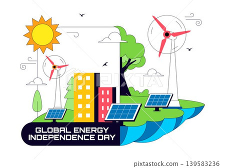 Global Energy Independence Day Vector Illustration Featuring Renewable Energy, Solar Panels, Wind Turbines and Sustainable Power Design Global Energy Independence Day Vector Illustration Featuring Renewable Energy, Solar Panels, Wind Turbines and Sustainable Power Design 139583236