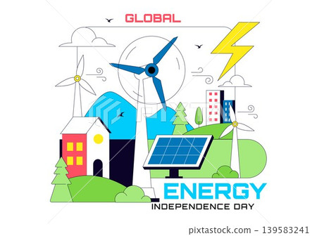 Global Energy Independence Day Vector Illustration Featuring Renewable Energy, Solar Panels, Wind Turbines and Sustainable Power Design 139583241