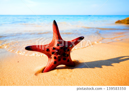 Starfish on sandy beach in shallow sea. Bright starfish rests in sea water on beach. Red starfish Starfish on sandy beach in shallow sea. Bright starfish rests in sea water on beach. Red starfish 139583350
