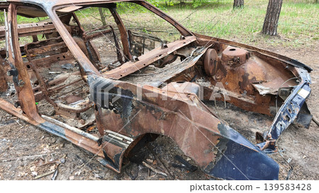 Close-up of an abandoned burnt out rusting car body in the woods, symbolizing pollution, destruction, environmental neglect and the consequences of fire, disaster or vandalism. Close-up of an abandoned burnt out rusting car body in the woods, symbolizing pollution, destruction, environmental neglect and the consequences of fire, disaster or vandalism. 139583428
