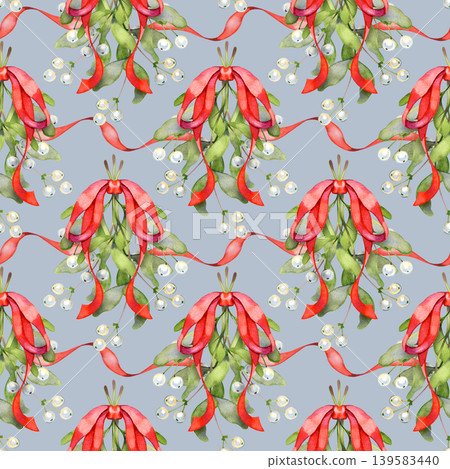 Watercolor seamless pattern featuring festive mistletoe bundles tied with elegant red silk ribbons and bows. A classic hand drawn botanical background perfect for Christmas textiles, holiday gift wrap Watercolor seamless pattern featuring festive mistletoe bundles tied with elegant red silk ribbons and bows. A classic hand drawn botanical background perfect for Christmas textiles, holiday gift wrap 139583440