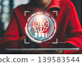 Person interacting with ISO 9001 digital interface, symbolizing quality management and business standards. 139583544