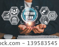 Businessman presenting digital action plan interface with strategy icons, symbolizing corporate planning and management. 139583545