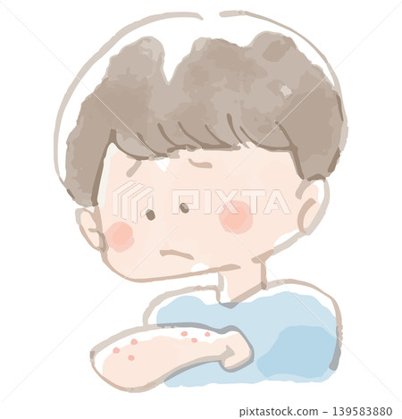 一幅水彩插圖,描繪了一個身上長滿皮疹的孩子;手足口病、膿皰病、傳染病。 一幅水彩插圖,描繪了一個身上長滿皮疹的孩子;手足口病、膿皰病、傳染病。 139583880