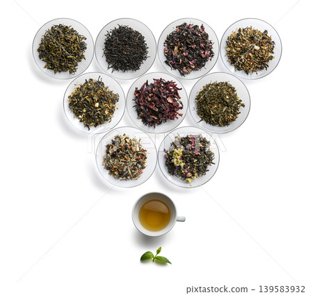 Large assortment of tea on a white background. The view from the top Large assortment of tea on a white background. The view from the top 139583932