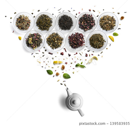 Large assortment of tea on a white background. The view from the top Large assortment of tea on a white background. The view from the top 139583935