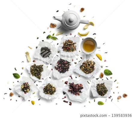 Large assortment of tea on a white background. The view from the top Large assortment of tea on a white background. The view from the top 139583936