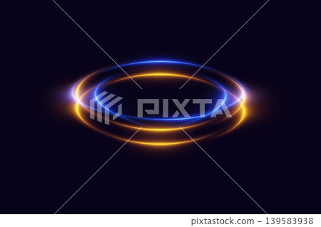 Glowing light trails creating dynamic blue and orange energy rings on dark background Glowing light trails creating dynamic blue and orange energy rings on dark background 139583938