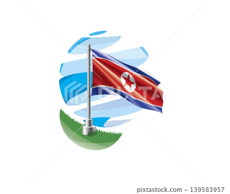 North Korea flag on a green lawn against a background of blue abstract sky North Korea flag on a green lawn against a background of blue abstract sky 139583957