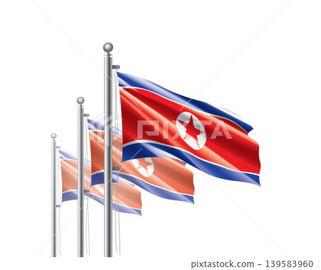 Brightly shining North Korea flags wave proudly on tall masts during official celebration events Brightly shining North Korea flags wave proudly on tall masts during official celebration events 139583960