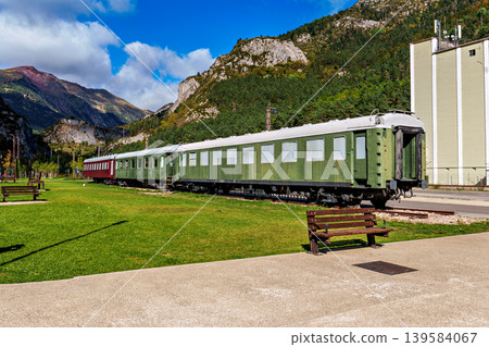 Old wagons in the old train station of Canfranc in the Pyrenees in Huesca, Spain close to the border with France. Old wagons in the old train station of Canfranc in the Pyrenees in Huesca, Spain close to the border with France. 139584067