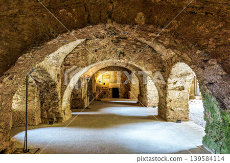 Interior of the antique monastery Sant Pedro de Rodes in the National Park of Cap de Creus, Emporda, Girona, Spain Interior of the antique monastery Sant Pedro de Rodes in the National Park of Cap de Creus, Emporda, Girona, Spain 139584114