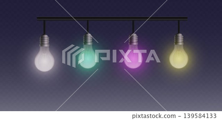 Hanging multicolored light bulbs illuminating with creative idea concepts 139584133