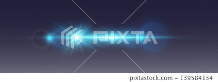 Blue optical lens flare effect with starburst light rays on dark background 139584134