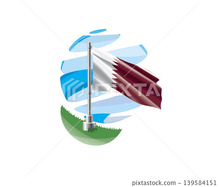 Qatar flag on a green lawn against a background of blue abstract sky Qatar flag on a green lawn against a background of blue abstract sky 139584151