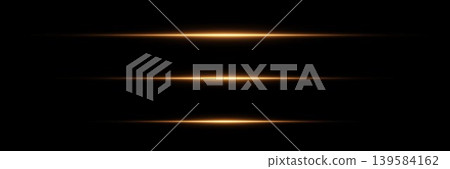 Three horizontal golden light streaks creating abstract lines on black background 139584162
