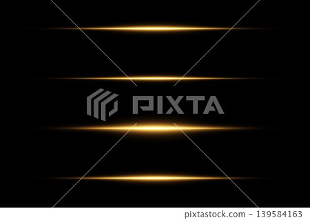 Golden horizontal light streaks creating an optical lens flare effect on dark background Golden horizontal light streaks creating an optical lens flare effect on dark background 139584163