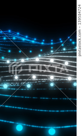 Blue luminous wave lines with glowing dots, futuristic data stream or audio waveform on dark background Blue luminous wave lines with glowing dots, futuristic data stream or audio waveform on dark background 139584724