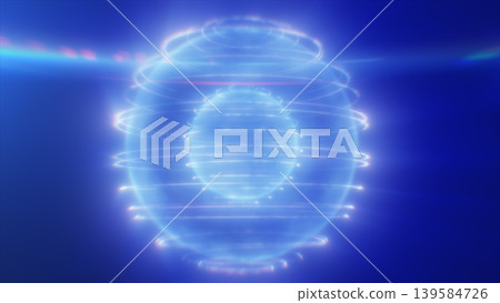 Violet holographic sphere with layered rings and inner glowing core, dreamy sci-fi abstract background with soft flare 139584726