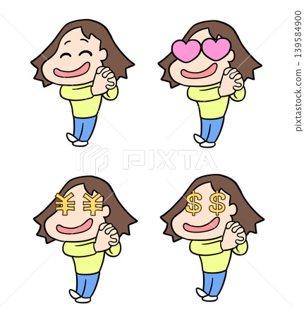 A comical set of chibi-style illustrations featuring a woman with her hands clasped and smiling, with different facial expressions including heart-shaped, circle-shaped, and dollar-shaped eyes. A comical set of chibi-style illustrations featuring a woman with her hands clasped and smiling, with different facial expressions including heart-shaped, circle-shaped, and dollar-shaped eyes. 139584900