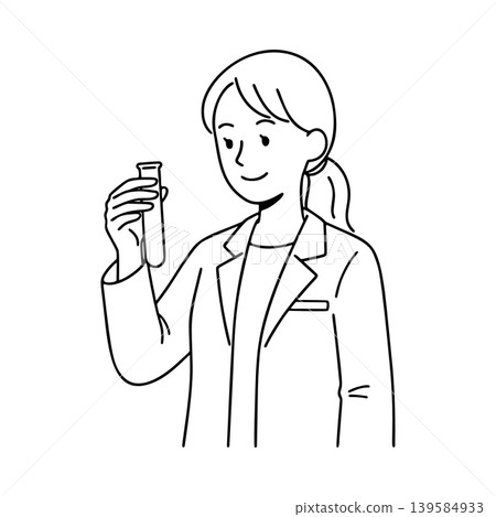 身穿白色實驗服的女研究員的線條畫插圖。 身穿白色實驗服的女研究員的線條畫插圖。 139584933