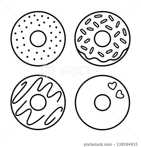 A set of simple line art illustrations of donuts A set of simple line art illustrations of donuts 139584935