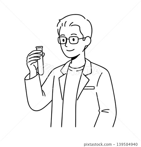 身穿白大褂的男性研究員的線條畫插圖。 139584940