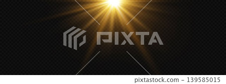 Golden light effect with diverging rays, simulating a sun or spotlight flare 139585015