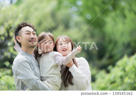 一家三口,面帶微笑,依偎在綠意盎然的樹蔭下,構成了一幅幸福親密的家庭畫面,他們展望未來,仰望天空。 一家三口,面帶微笑,依偎在綠意盎然的樹蔭下,構成了一幅幸福親密的家庭畫面,他們展望未來,仰望天空。 139585162