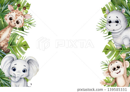 Watercolor jungle animal frame with cute giraffe, elephant, hippo and monkey surrounded by tropical leaves, hand painted border with empty space for kids design, invitations, nursery decor Watercolor jungle animal frame with cute giraffe, elephant, hippo and monkey surrounded by tropical leaves, hand painted border with empty space for kids design, invitations, nursery decor 139585331