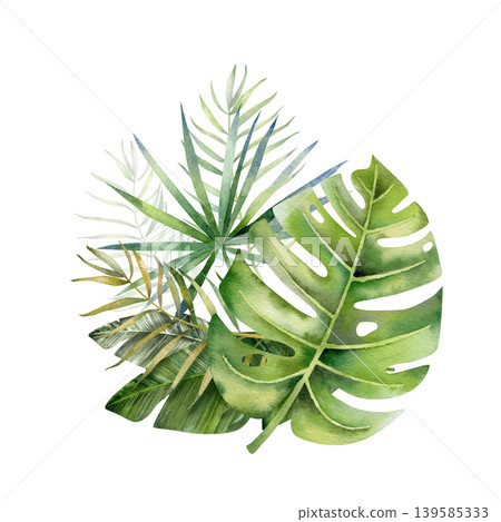 Watercolor illustration of tropical leaves composition on white background. Hand painted jungle botanical element for banner, frame, nursery decor and kids poster design 139585333