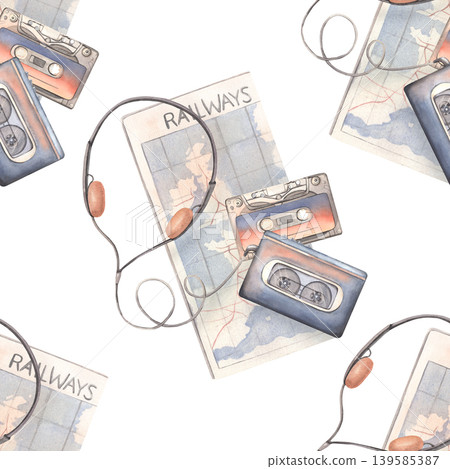Railway map, cassette player, tape, headphones seamless pattern. Hand-painted watercolor illustration isolated on white for travel, music, retro branding, print, packaging, clothing, decor, design Railway map, cassette player, tape, headphones seamless pattern. Hand-painted watercolor illustration isolated on white for travel, music, retro branding, print, packaging, clothing, decor, design 139585387