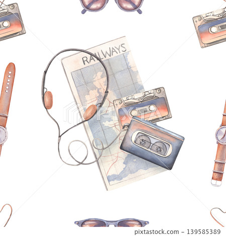 Railway map, cassette, player, headphones, watch, sunglasses, seamless pattern. Hand-painted watercolor illustration isolated on white for travel, retro branding, print, packaging, clothing, decor Railway map, cassette, player, headphones, watch, sunglasses, seamless pattern. Hand-painted watercolor illustration isolated on white for travel, retro branding, print, packaging, clothing, decor 139585389