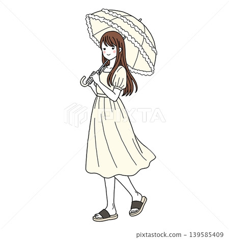 一位身穿洋裝、撐著陽傘(黃色)的女子正在行走 一位身穿洋裝、撐著陽傘(黃色)的女子正在行走 139585409