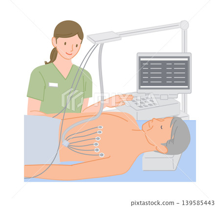 一幅插圖描繪了一位老年男子在醫院接受心電圖（ECG）檢查的情景。 139585443