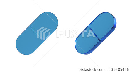 A 3D illustration of a flat icon of a medicine capsule. The mark has a translucent, blue, glass-like texture. A 3D illustration of a flat icon of a medicine capsule. The mark has a translucent, blue, glass-like texture. 139585456