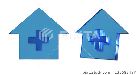 A 3D illustration of a flat icon for home-based medical care. The mark has a transparent, blue, glass-like texture. A 3D illustration of a flat icon for home-based medical care. The mark has a transparent, blue, glass-like texture. 139585457