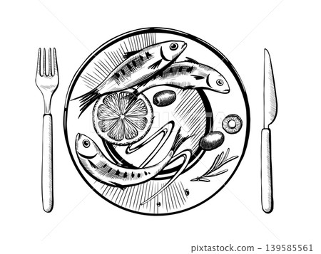Sardine dinner plate setting in minimalist vector line art. Full meal with cutlery for luxury hospitality branding, fine dining menu design, mediterranean lifestyle and gourmet cafe graphics Sardine dinner plate setting in minimalist vector line art. Full meal with cutlery for luxury hospitality branding, fine dining menu design, mediterranean lifestyle and gourmet cafe graphics 139585561