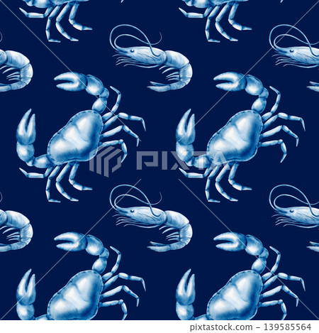 Solitary crab and shrimp in delicate blue watercolor monochrome seamless pattern.Hand drawn illustration for marine themes,coastal designs,restaurant menu,wrapping paper Solitary crab and shrimp in delicate blue watercolor monochrome seamless pattern.Hand drawn illustration for marine themes,coastal designs,restaurant menu,wrapping paper 139585564