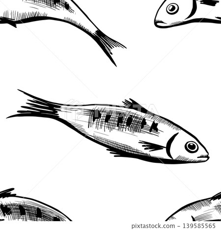 Sardine festival seamless pattern in minimalist vector line art. Repeating fish background for Spanish Entierro de la Sardina celebration, Mediterranean carnival textile and event paper wrap Sardine festival seamless pattern in minimalist vector line art. Repeating fish background for Spanish Entierro de la Sardina celebration, Mediterranean carnival textile and event paper wrap 139585565