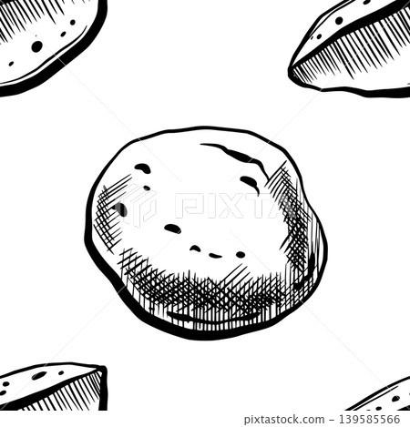 Potato seamless pattern in minimalist black and white vector line art. Repeating whole tubers and wedges background for organic food packaging, rustic farm market textile and grocery retail wrap 139585566