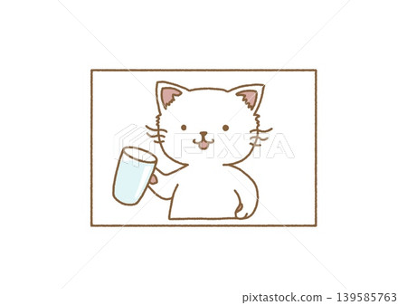 一幅白貓叼著一杯水的插圖。 一幅白貓叼著一杯水的插圖。 139585763