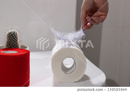 Womans hand gently unrolling soft white toilet paper with feathery fibers. Red roll and small cactus on bathroom surface Womans hand gently unrolling soft white toilet paper with feathery fibers. Red roll and small cactus on bathroom surface 139585944