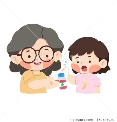 Woman Giving Medicine To Sick Child With Care Woman Giving Medicine To Sick Child With Care 139585980