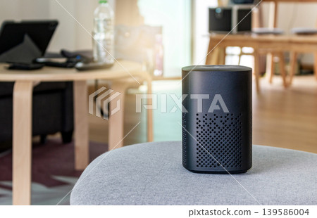 Smart Speaker Voice Assistant in a Modern Living Room Setting Smart Speaker Voice Assistant in a Modern Living Room Setting 139586004