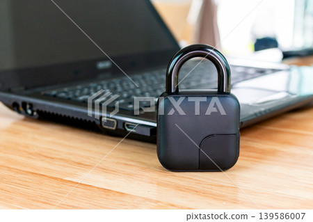Digital Cyber Security Concept with Black Padlock and Laptop 139586007