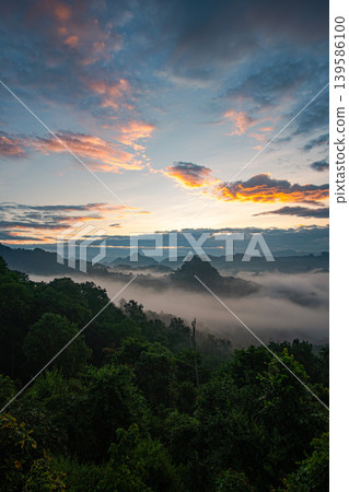 Aerial view of Sunset over a mountain village Aerial view of Sunset over a mountain village 139586100