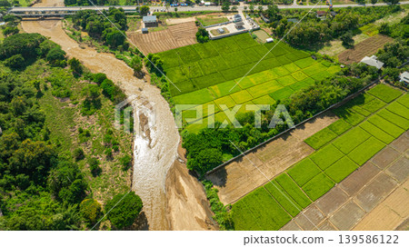 Aerial view of The historic Tha Pai Bridge, spanning the Pai River, Aerial view of The historic Tha Pai Bridge, spanning the Pai River, 139586122