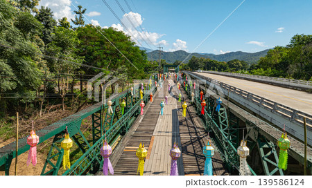 Aerial view of The historic Tha Pai Bridge, spanning the Pai River, Aerial view of The historic Tha Pai Bridge, spanning the Pai River, 139586124